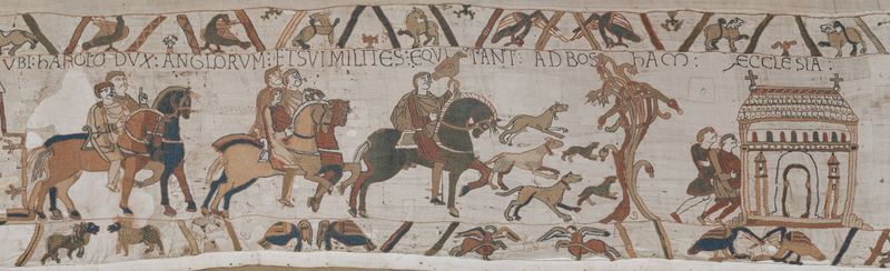 Embroidered frieze of riders on horseback; the leading rider holds a hawk on his hand, with four hounds running ahead towards a church