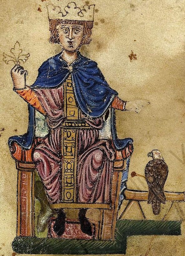 Medieval miniature of a crowned emperor in a blue cloak on a throne, with a bird of prey on a perch beside him