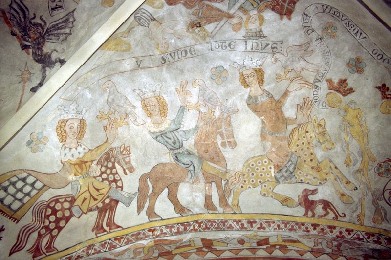 Kalkmaleri i et hvælv med tre kronede ryttere på heste, hver med en falk på hånden