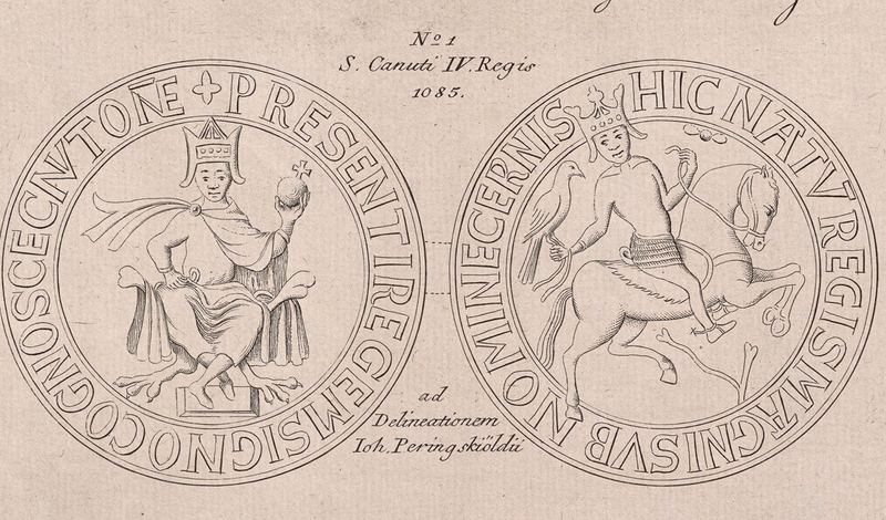 Copperplate engraving of a two-sided seal: a king enthroned holding an orb, and a king on horseback with a falcon on his hand
