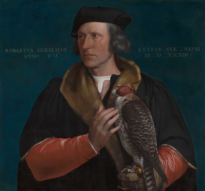 Painting of a man in a black cap and fur collar stroking a hooded falcon perched on his gloved hand